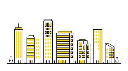 Obraz premium Minimalist city skyline illustration featuring modern yellow-accented buildings in a clean vector style.