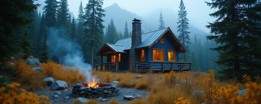 Blue cabin in forest with campfire. Tall evergreen trees surround cozy wood house with lit windows. Mountains fade into misty background. Peaceful remote wilderness retreat for nature lovers.