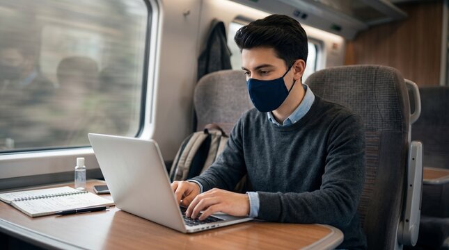 Young Male Student traveling on Train