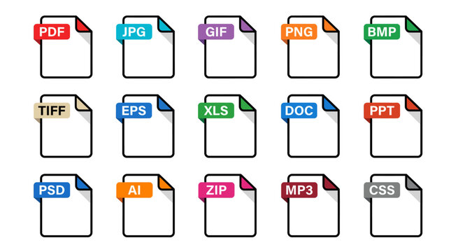 Vibrant collage of multi-format file icons representing common document and media formats (PDF, JPG, PNG, GIF, TIFF, BMP, DOC, XLS, PPT, PSD, AI, ZIP, MP3, CSS, EPS) in a colorful grid