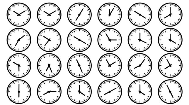 Array of 24 analog clocks in a grid displaying different times to illustrate global time zones and time management concepts.