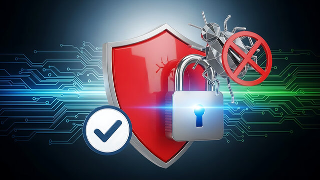Cybersecurity concept featuring red shield symbol with checkmark padlock and blocked insect icon representing digital protection against malware viruses and software vulnerabilities in data system