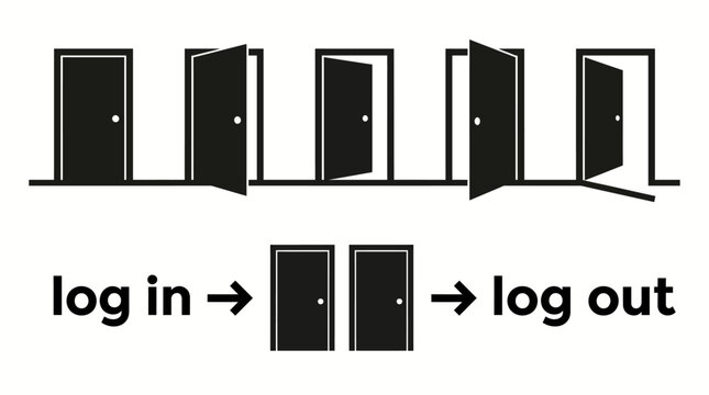 Illustration of multiple doors representing the login and logout process, symbolizing online authentication and user access flow.