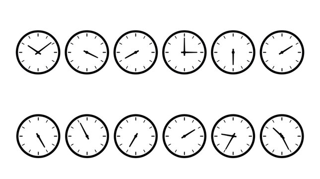 Two-row series of analog clocks showing different times on white faces for decorative timekeeping patterns in design and branding
