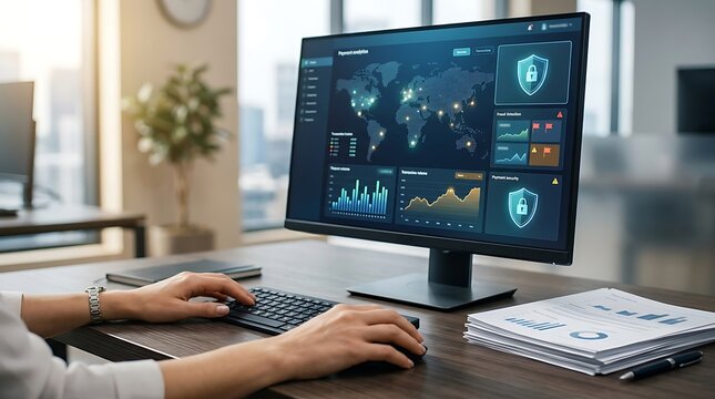 Business analyst monitoring global payment security data on large computer monitor screen.