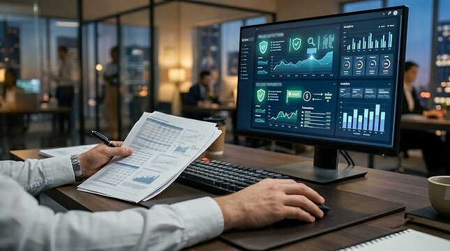 Professional examining printed financial documents while using digital analytics dashboard.