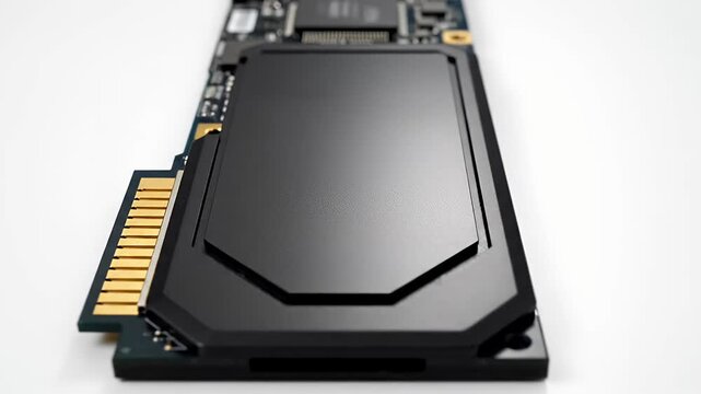 Black solid state drive hardware on white background.