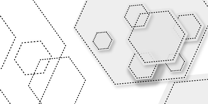 Abstract white gray and light blue color geometric hexagon shape and lines seamless pattern. Minimalist black and white hexagon outline pattern with varying sizes.