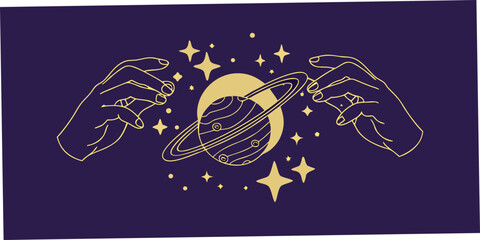 Hands Holding Planet Saturn Golden Line Drawing On Purple Background © Polash