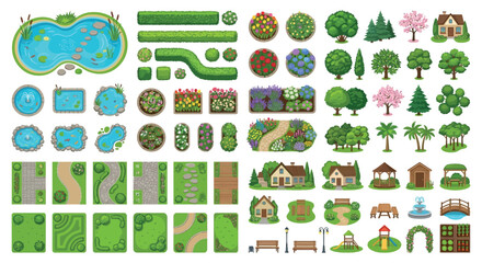 Fototapeta premium Garden Elements Vector Illustration With Trees Ponds And Pathways