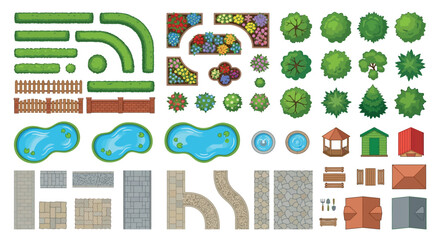 Top Down Garden Elements Vector Illustration With Colorful Floral Arrangements © rita