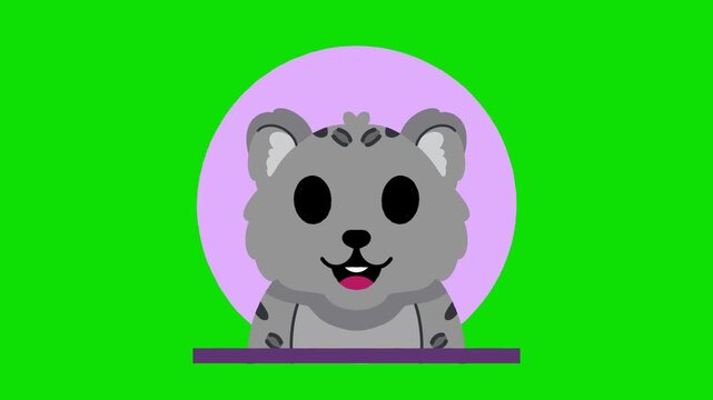 Cute 2D animated white tiger or grey leopard head smiling inside a purple circle frame with a green background.