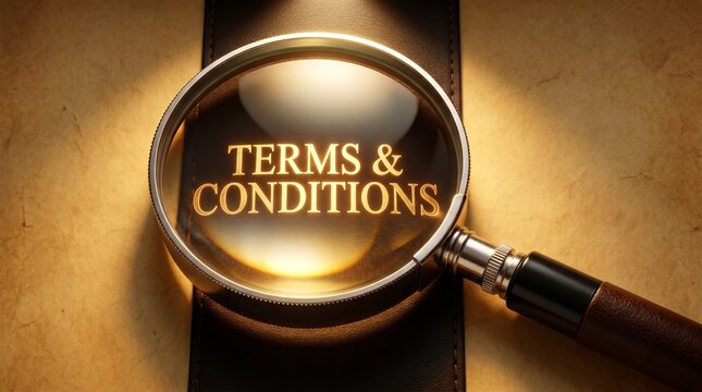 Terms and Conditions text under magnifying glass, legal contract review concept, vintage document with gold lettering and professional lens
