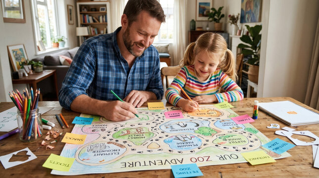Father and daughter building a paper zoo map with colored pencils, sticky notes, and hand-drawn footprints.