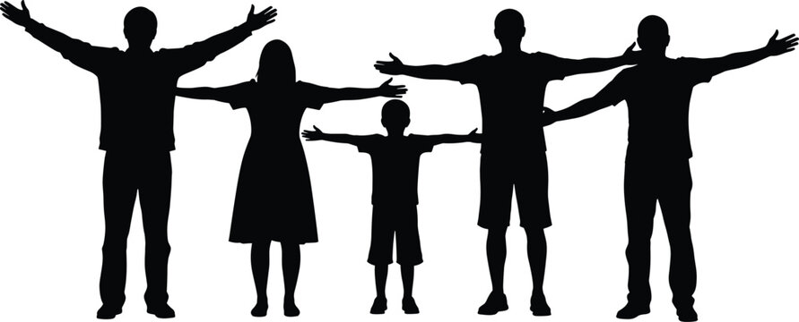 Silhouette people standing together arms extended outward, diverse group illustration, family unity concept, teamwork, community support, generational connection