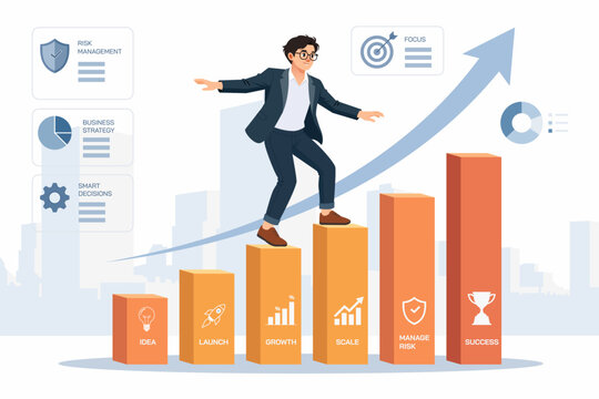 Entrepreneur balancing on financial bar graph chart for startup business risk management concept