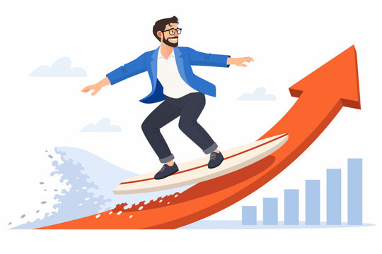 Person surfing upward business growth arrow for successful startup momentum concept