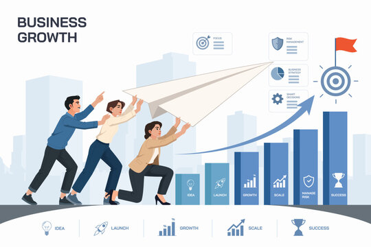Startup business team launching paper plane for successful financial growth concept