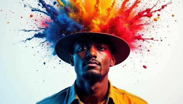 Man wearing hat with colorful paint splash explosion above his head. Creative idea concept, bright colors burst out from mans mind. Abstract art, artistic expression, inspiration.