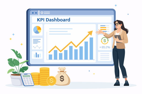 Startup worker analyzing KPI growth data chart for business performance tracking concept