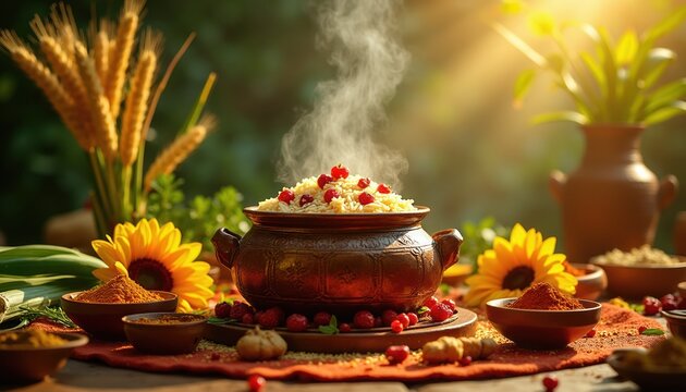 Hot steaming rice dish in rustic pot with berries. Spices and sunflowers surround this festive food setup. Harvest season meal preparation outdoors in sunlight.