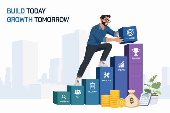 Person stacking blocks into rising growth graph for startup business foundation concept