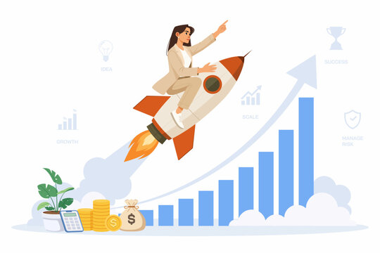 Entrepreneur riding rocket on rising growth graph for successful startup momentum concept