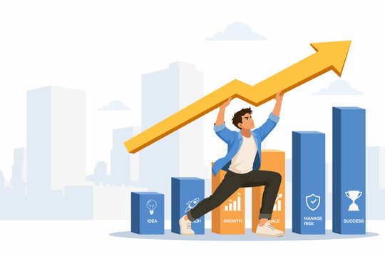 Person lifting heavy rising growth arrow for startup business effort and breakthrough concept