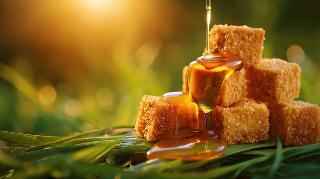 Brown sugar cubes stacked on green grass with honey pouring over them in sunlight