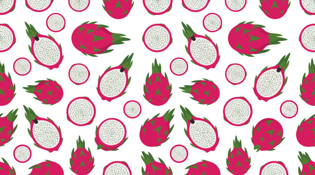Repeating dragonfruit and pitaya pattern with whole and sliced fruits on a white background.