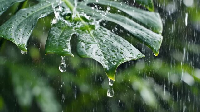 Tropical Rain Shower Falling on Monstera Leaf in Lush Jungle ideal for nature documentaries or wellness background videos.