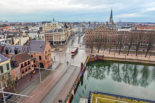 High angle view of The Hague's Binnenhof area with the Hofvijver lake. Netherlands