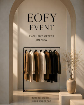 EOFY fashion event clothing rack display with wardrobe refresh theme