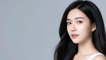 Obraz premium Serene Beauty Portrait: A young East Asian woman with flowing black hair and a gentle expression is captured in a profile portrait, exuding a sense of calm and natural elegance.
