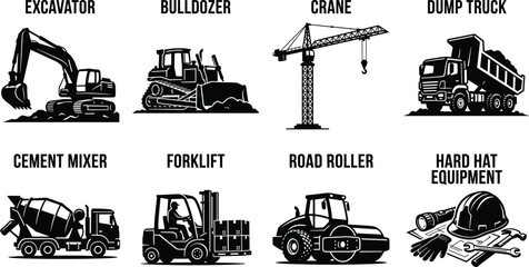 Obraz premium Black and White Construction Equipment Illustrations Featuring Excavator, Bulldozer, Crane, Dump Truck, and Safety Gear Designs