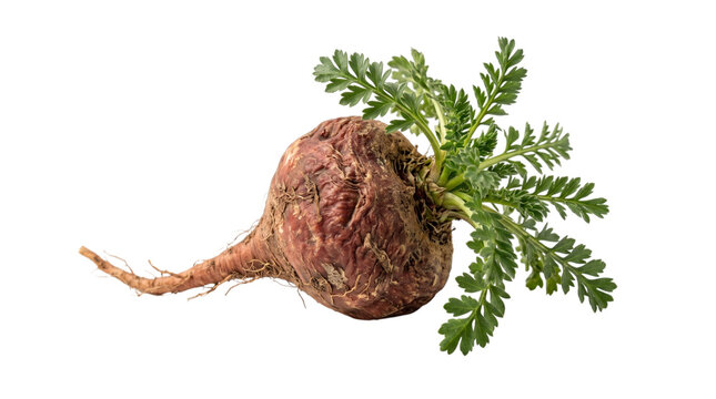Maca root with green leaves isolated on transparent background