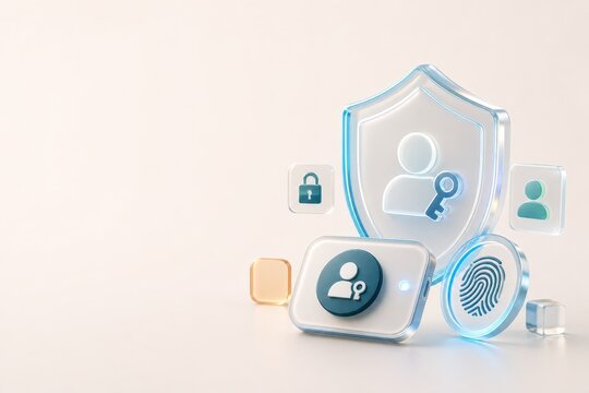 Premium 3D glassmorphism illustration of a shield, passkey, fingerprint ring and secure identity tokens. Passwordless login and digital identity security hero concept.