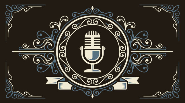 An ornate microphone icon sits within a decorative circular frame on a dark background
