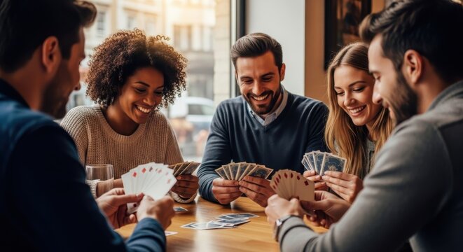 A group of diverse friends enthusiastically playing a card game together at a table, sharing smiles and enjoyment.