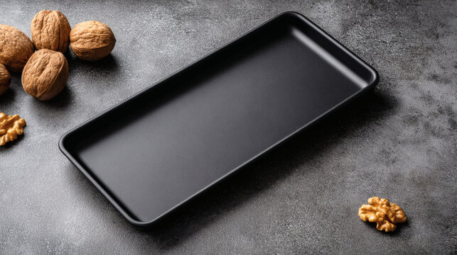 Empty black rectangular serving tray surrounded by whole and shelled walnuts on a dark grey textured concrete tabletop surface designed for food presentation mockup