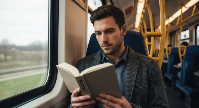 Focused man reading a paperback book while traveling by train