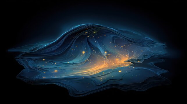 Glowing abstract fluid form emerges from deep darkness illuminating with warm specks