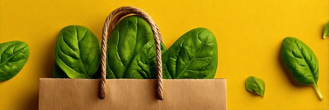 Fresh green spinach leaves overflowing from a brown paper grocery shopping bag on a bright yellow surface, representing healthy eating and sustainable lifestyle