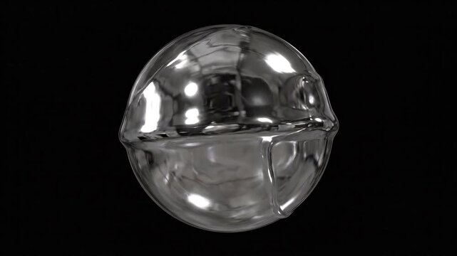Liquid chrome animation seamless loop of a morphing metallic sphere on black background, abstract silver fluid motion.