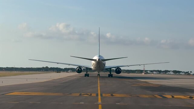 External view taken from cockpit of a massive wide-body twin-engine jet airplane taxiing through the airport taxiways early in the morning.