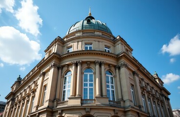 Fototapeta premium Grand building with dome roof, stone columns, and arched windows. Classical architecture detail for city travel or government themes. Exterior view on sunny day.