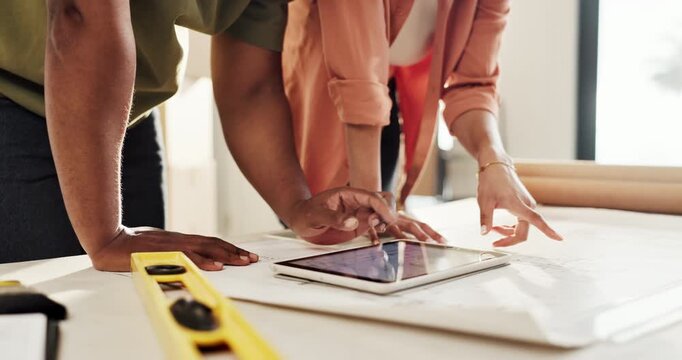 Moving, tablet and hands of couple in new home with plans for renovation and interior designing. Real estate, mortgage and people with digital tech for ecommerce purchase and apartment checklist