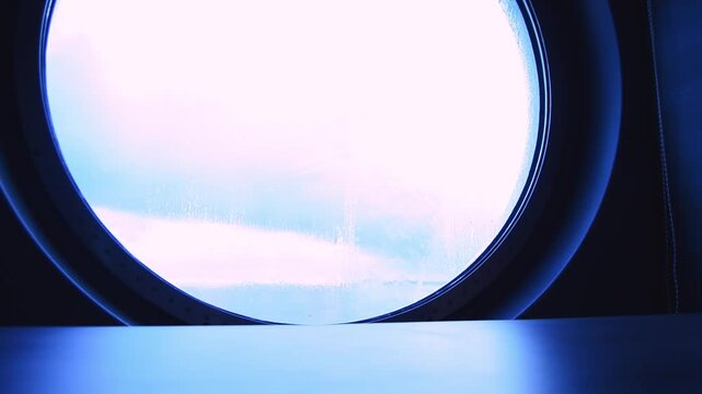 Circular window with condensation reveals a cloudy sky, showcasing a gradual change in light and atmosphere from a dim interior to a brighter exterior view
