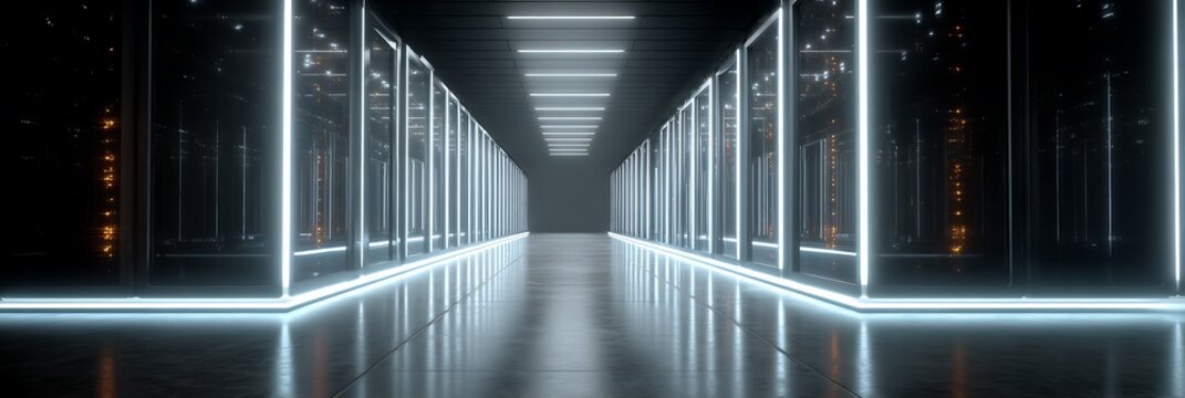 Futuristic data center server room corridor with glowing white neon LED lights and reflective polished concrete floor representing cloud computing and big data storage