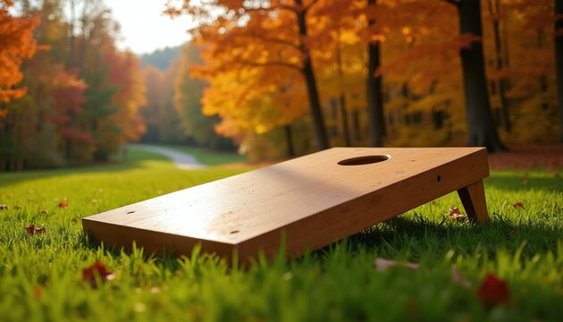 Wooden cornhole board rests on green grass field, autumn trees blaze with orange and yellow leaves. A pathway winds through the colorful park, ideal for outdoor games and fall gatherings.
